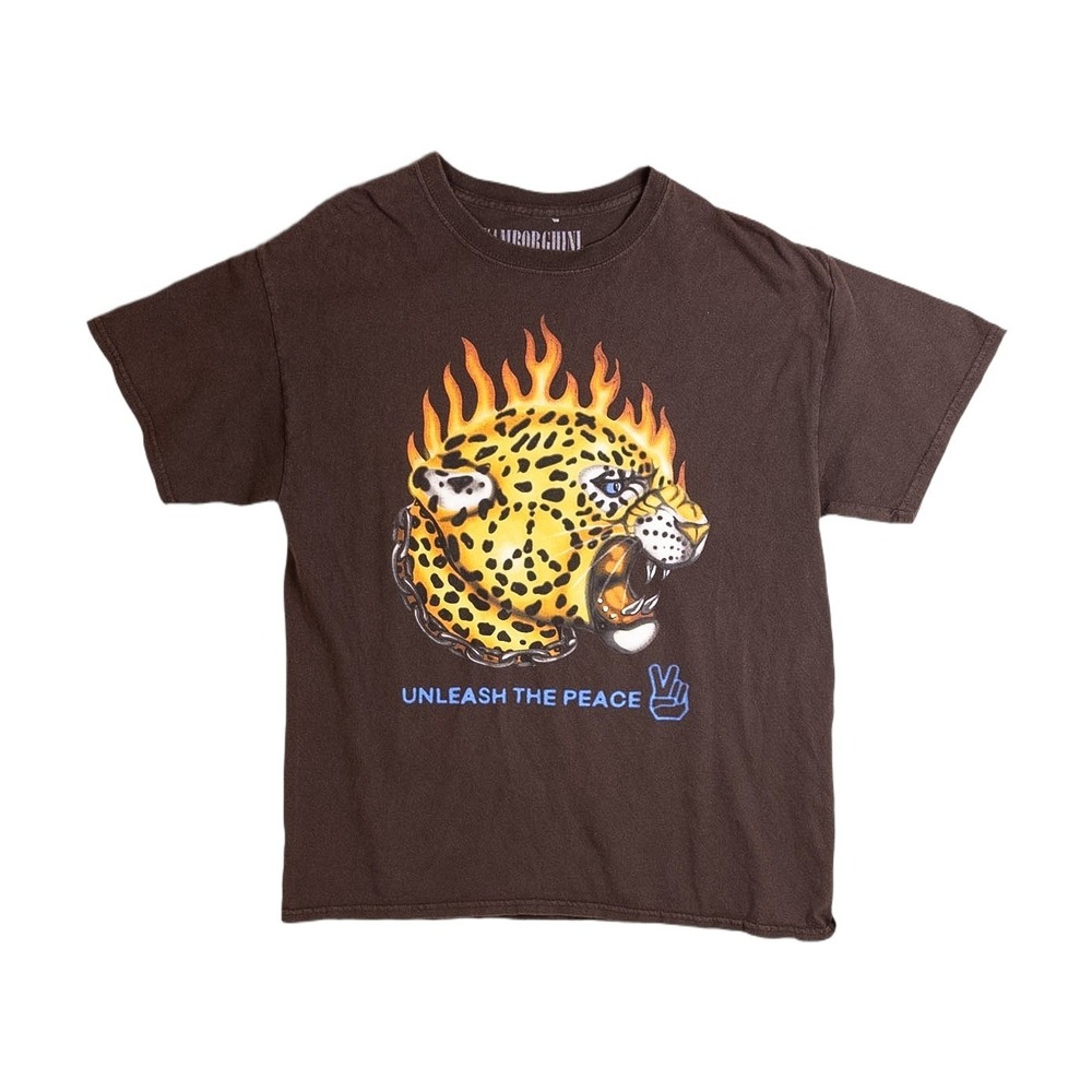 Samborghini Graphic T-Shirt Mens Large Brown Excellent Unleash the Peace Leopard